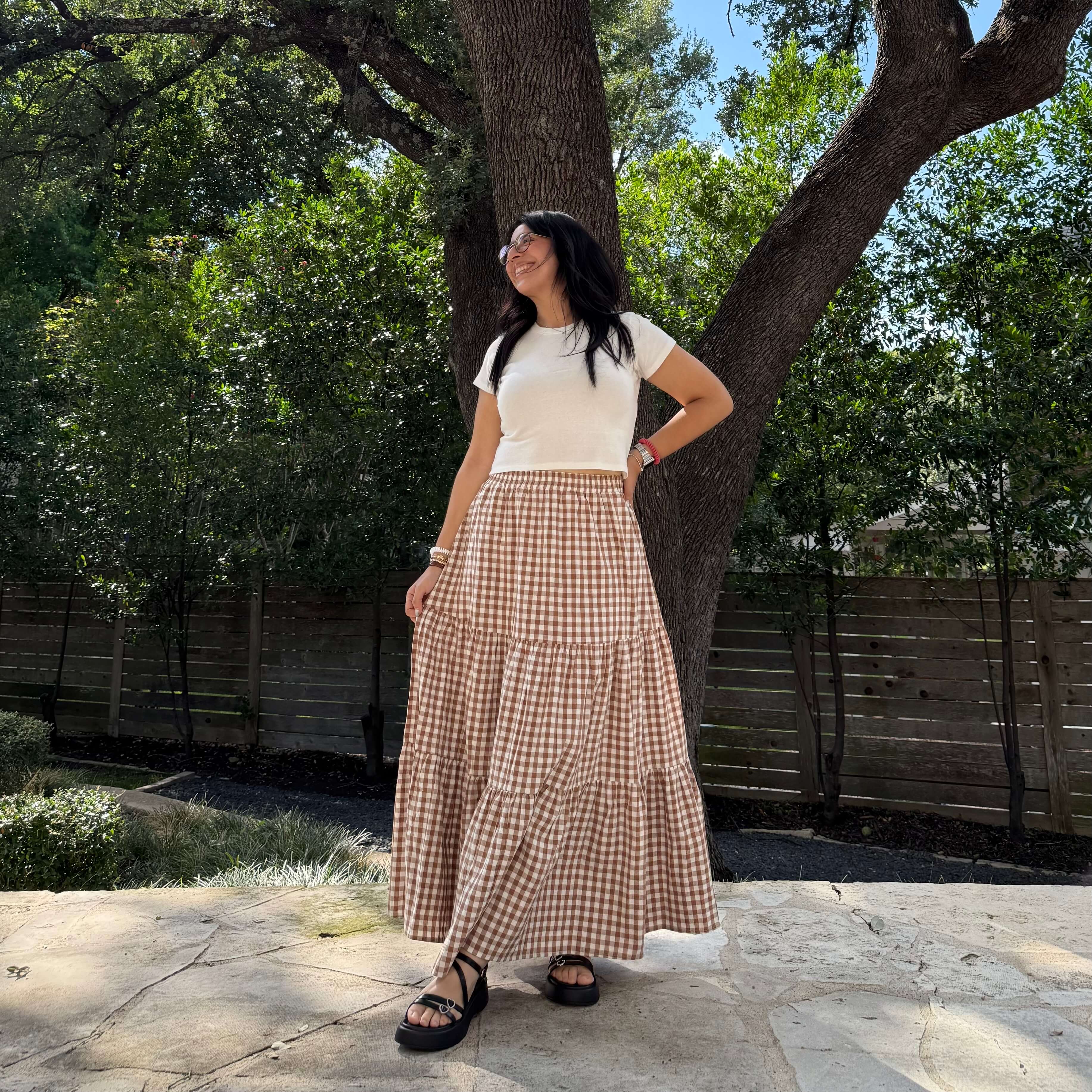 Gingham Long Skirt - Chestnut *Clearance Sale*