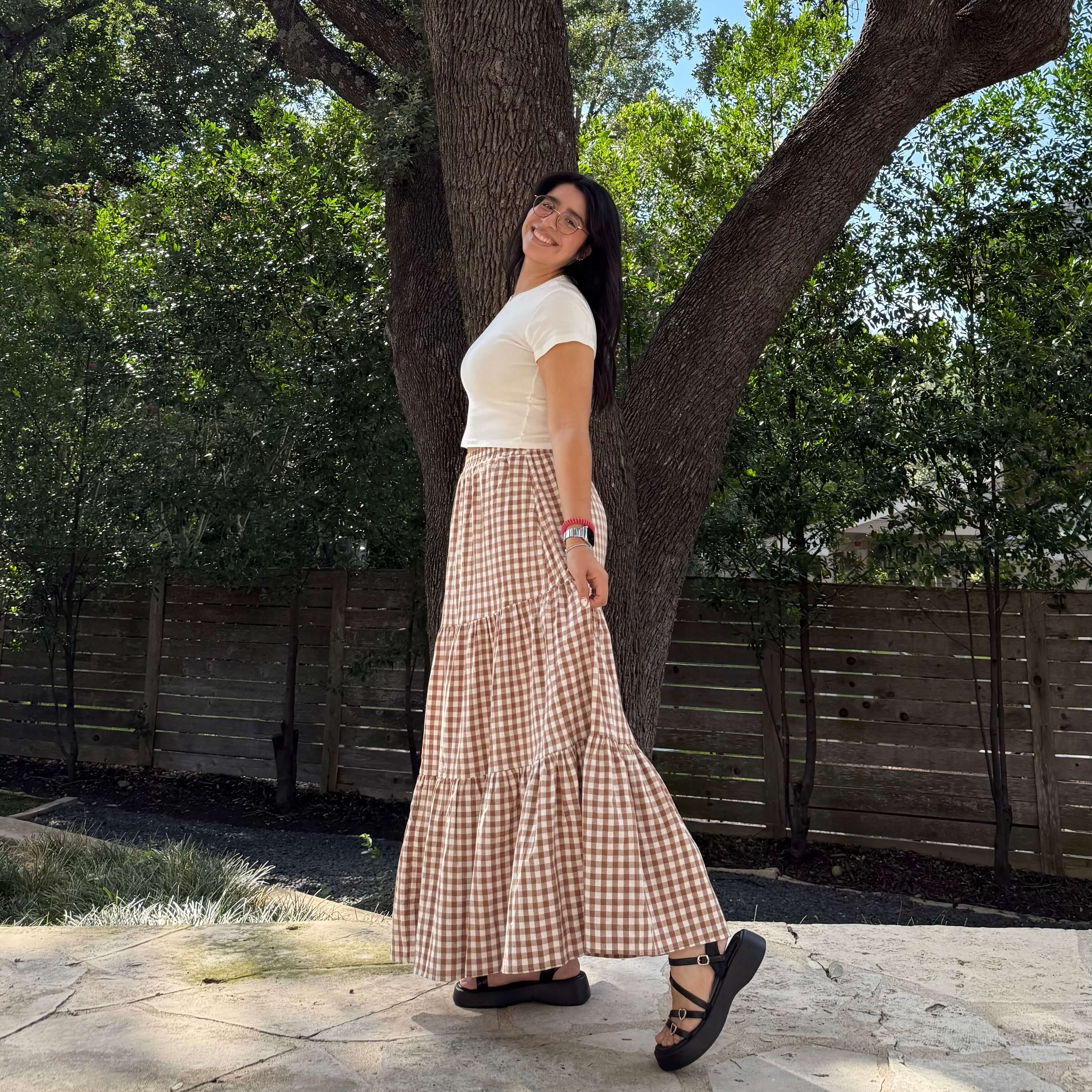 Gingham Long Skirt - Chestnut *Clearance Sale*